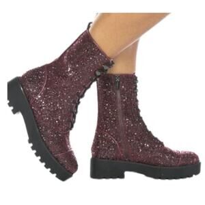 MICHAEL Michael Kors Bryce Lug Sole Glitter Combat Booties Dark Berry Red Sz 5.5